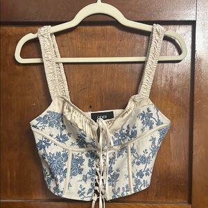 Cider Blue and White Bustier Tank Top with Tie Front